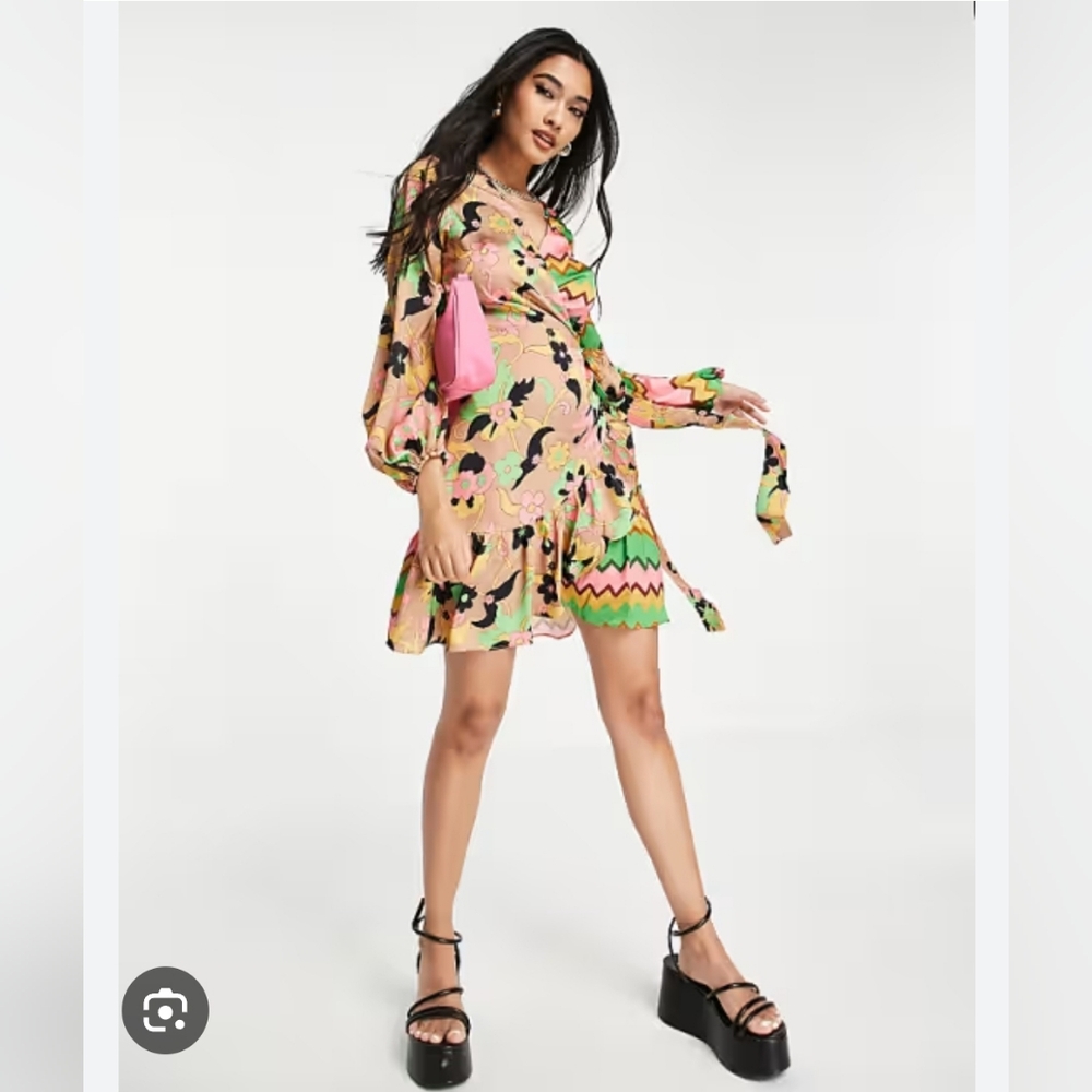 Never Fully Dressed Sorbet Zig Zag Wrap Vibrant Print Dress Size 4 Festival